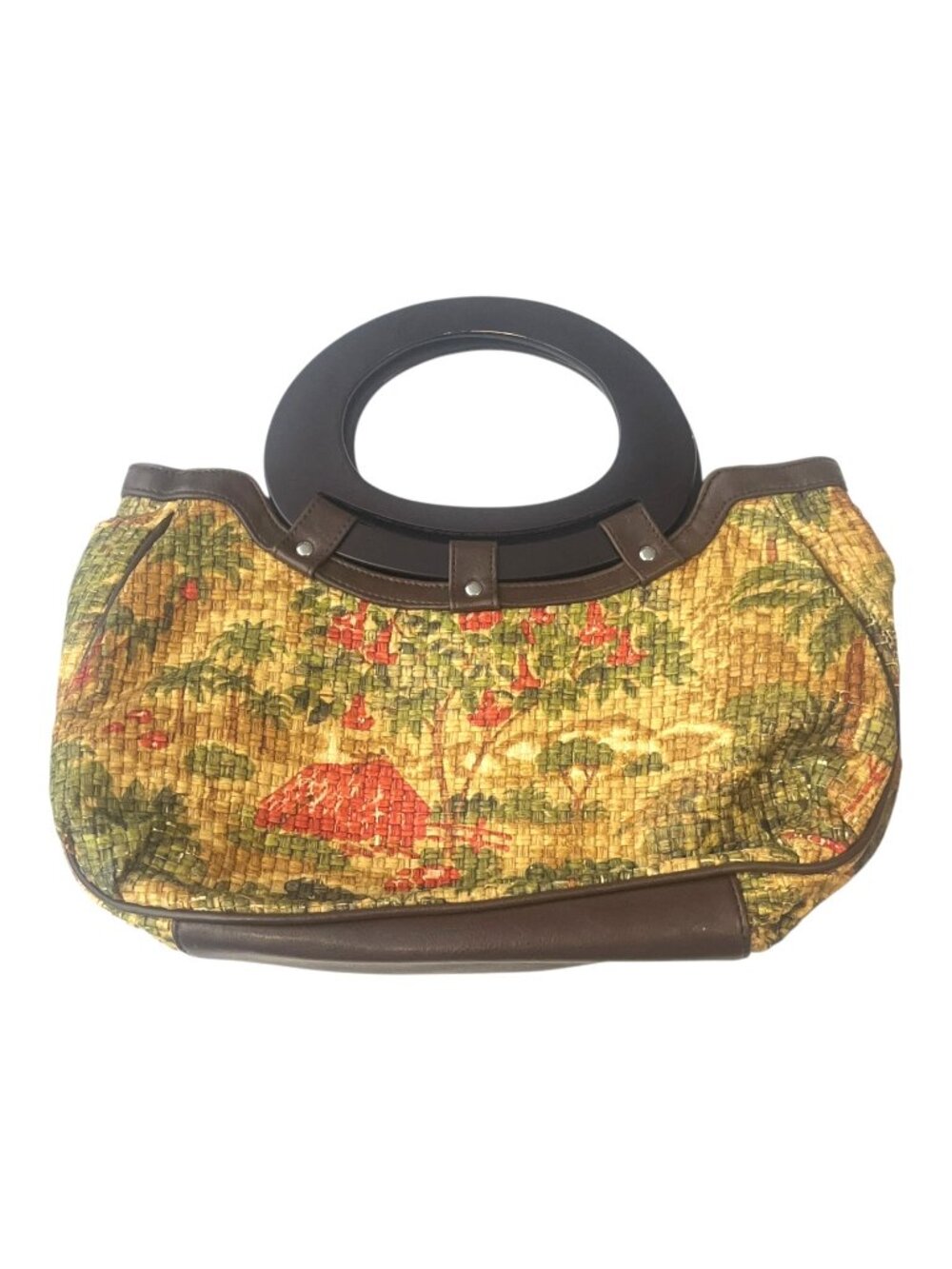 Boho Woven Straw Tote Bag w/ Wooden Handles Tropical Print 14x8 Vintage Purse